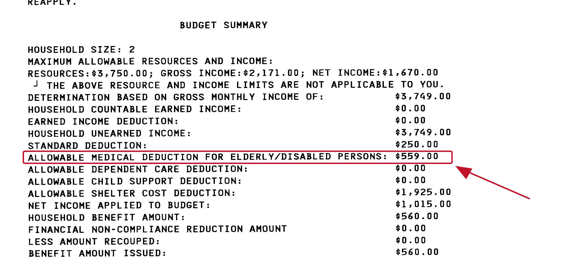 A Hawaii SNAP Budget Summary. The line reading ALLOWABLE MEDICAL
  DEDUCTION FOR ELDERLY/DISABLED PERSONS: $559.00 is ringed in red with an arrow pointing to it.